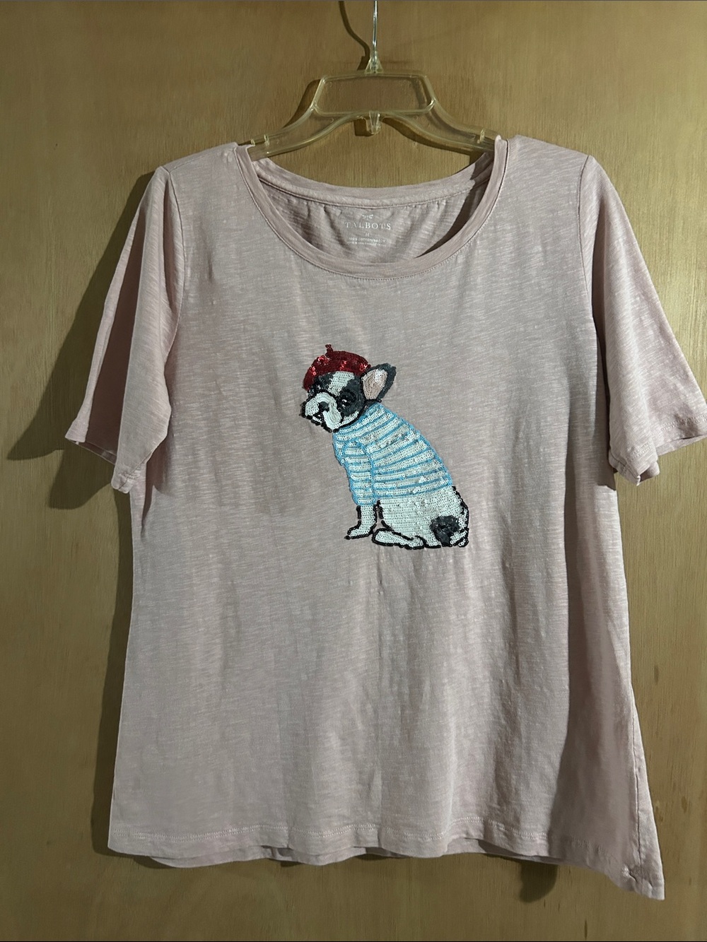Talbots Sequin French Bulldog Tee in Light Pink